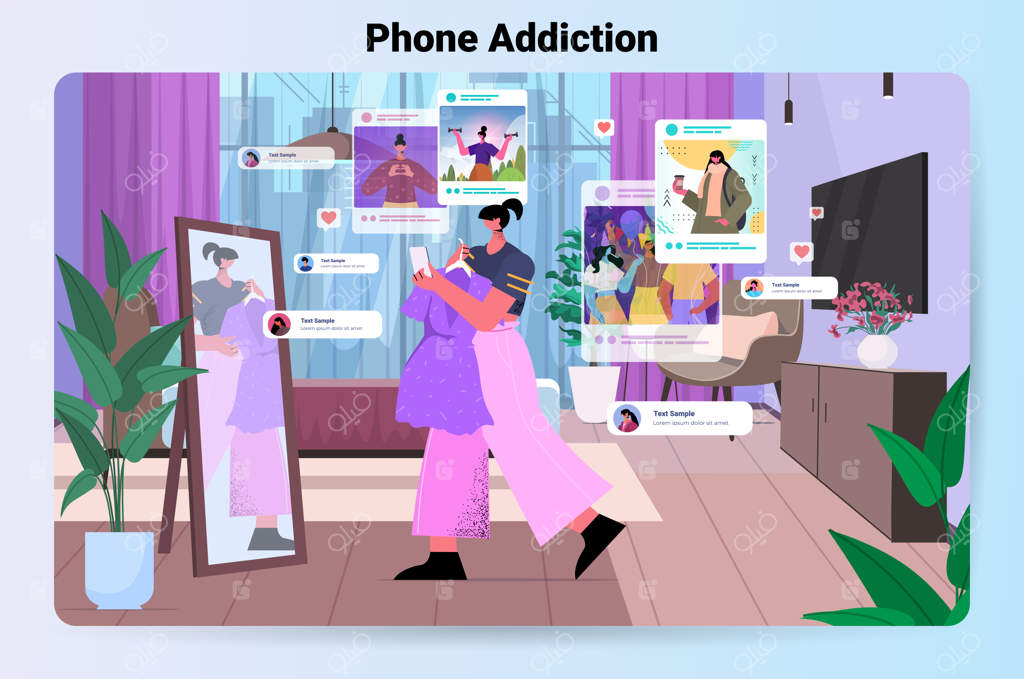 بلاگر مد در حال اشتراک‌گذاری و مشاهده عکس در شبکه‌های اجتماعی مفهوم اعتیاد به شبکه‌های اجتماعی برای دنبال‌کننده‌ها - تصویر برداری افقی