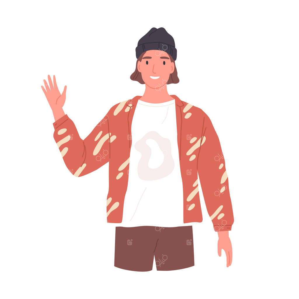 مرد خوشحال و مدرن در حال سلام کردن و دست تکان دادن: تصویر رنگارنگ و دوستانه از یک مرد که با لبخند به کسی خوش آمد می‌گوید و با حرکت دست ابراز سلام می‌کند.