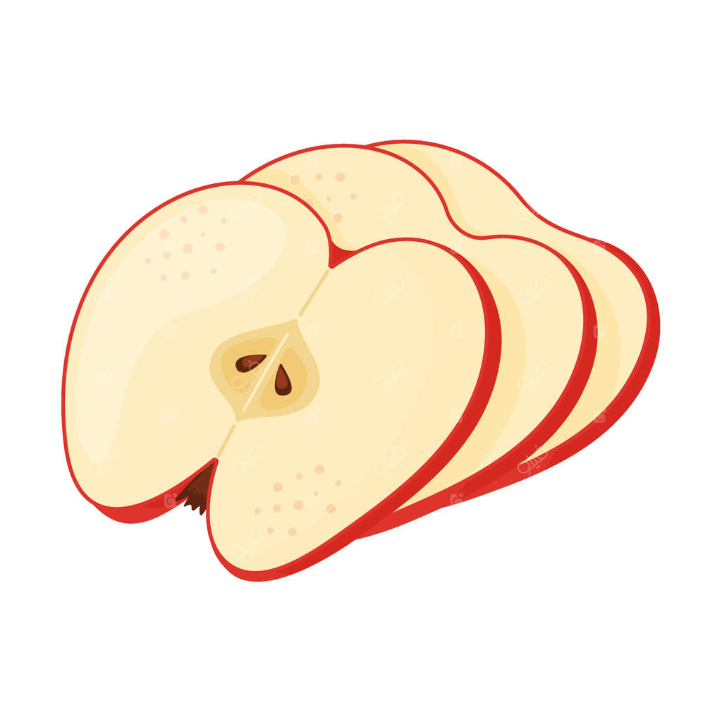 برش‌های سیب قرمز رسیده، میوه‌های تازه باغ. نقاشی دستی کلیپ‌آرت غذا. برش‌های سیب قرمز تازه، به سبک تخت با پس‌زمینه شفاف