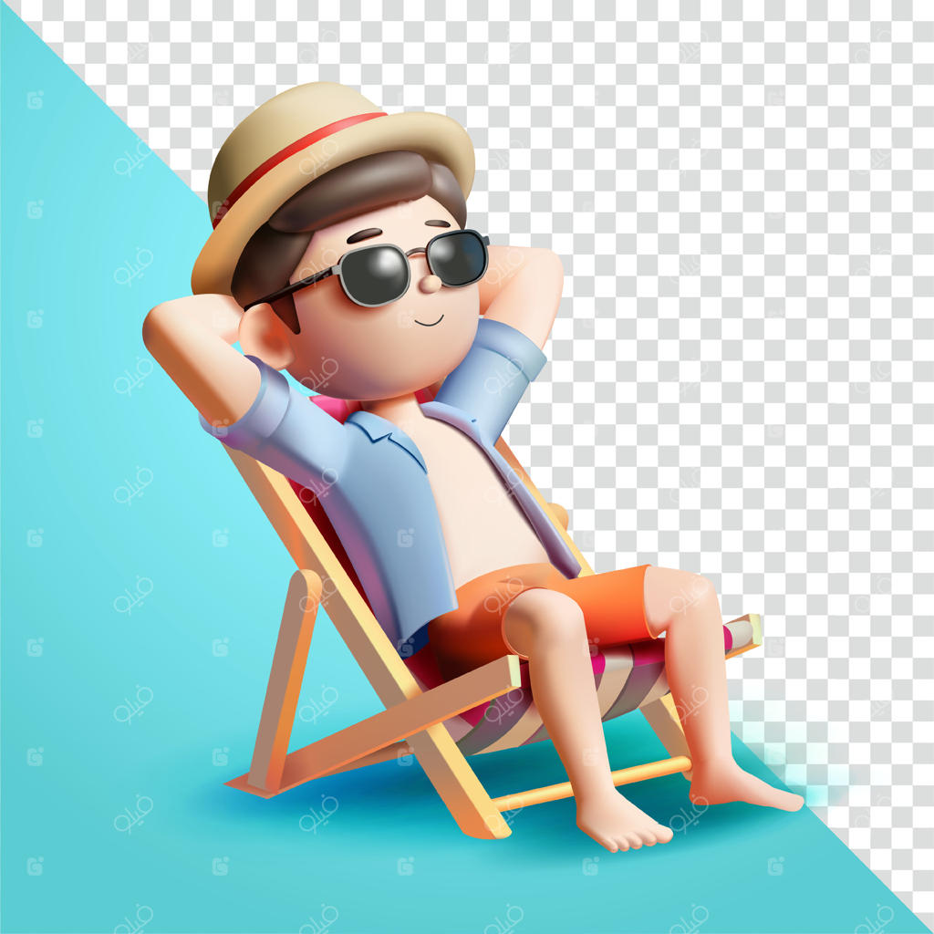 مردی با لباس تابستانی نشسته بر روی صندلی ساحلی، سه‌بعدی. مناسب برای تعطیلات و کار تجاری