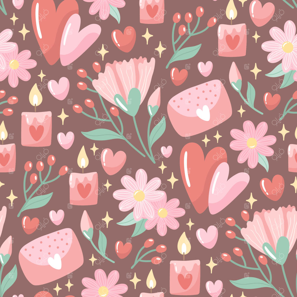 پترن دست‌کشیده بدون مرز با گل‌ها و قلب‌ها. پس‌زمینه‌ای خلاقانه و شیک برای روز ولنتاین. تصویرسازی گل‌های رنگارنگ برای کاغذ و بسته‌بندی هدایا. طراحی مدرن برای چاپ پارچه.