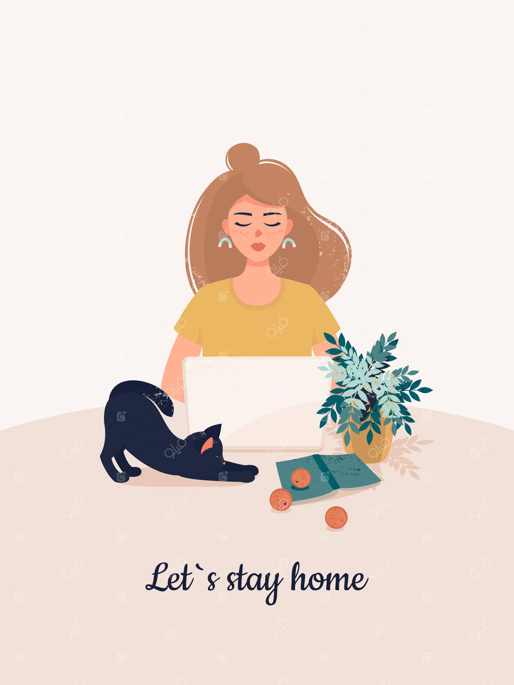 زن بلوند در خانه همراه با گربه، با لپ‌تاپ کار می‌کند.