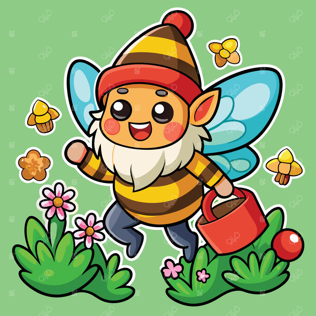 برچسب کارتونی متحرک از پرواز یک زنبور به دور یک کوتوله باغچه‌ای