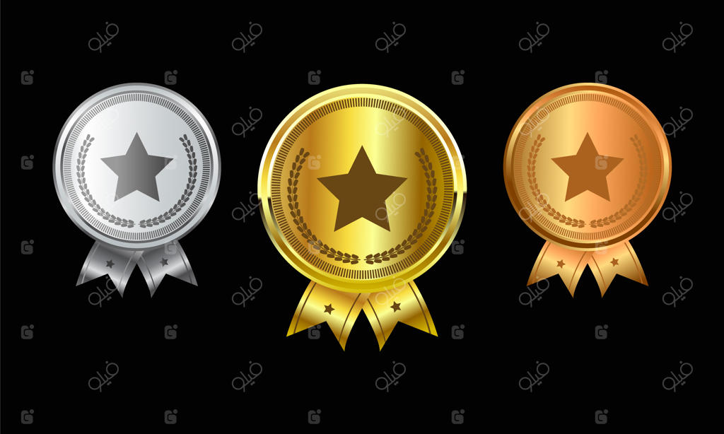 دسته‌ای از مدال‌ها برای افتخار قهرمانی شامل مدال‌های طلا، نقره و برنز با روبان