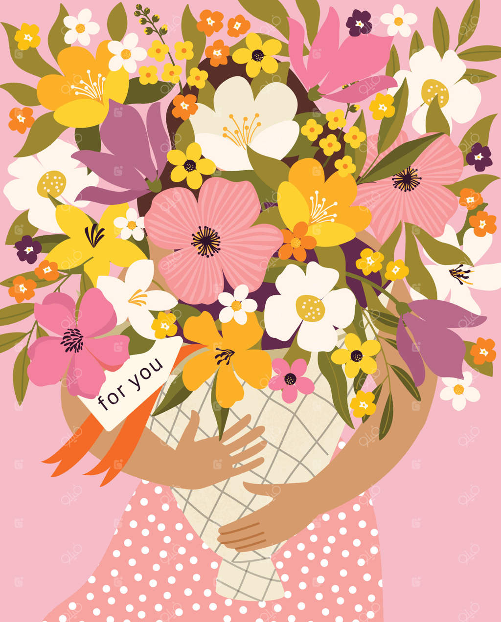 زنی با دسته گل، شکوفه‌های ظریف تابستانی. دختری با دسته گل زیبا، پنهان کردن چهره پشت دسته گل خیره‌کننده، گل‌های باغ.