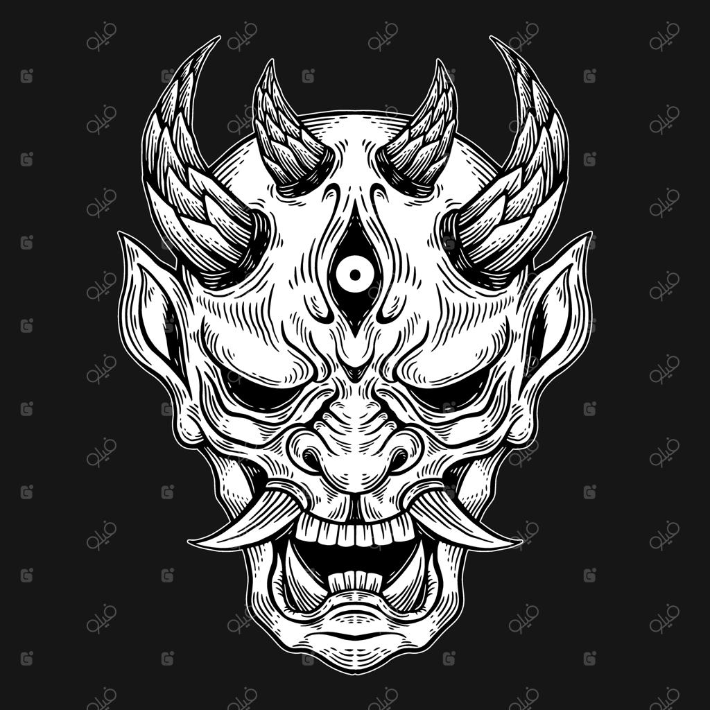 هنر تاریک: ماسک چهره شیطان همراه با جمجمه و طراحی هاشوری دستی