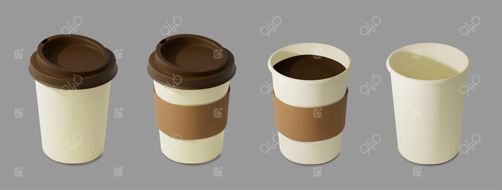 مجموعه‌ای از فنجان‌های قهوه و چای ایزومتریک و واقعی