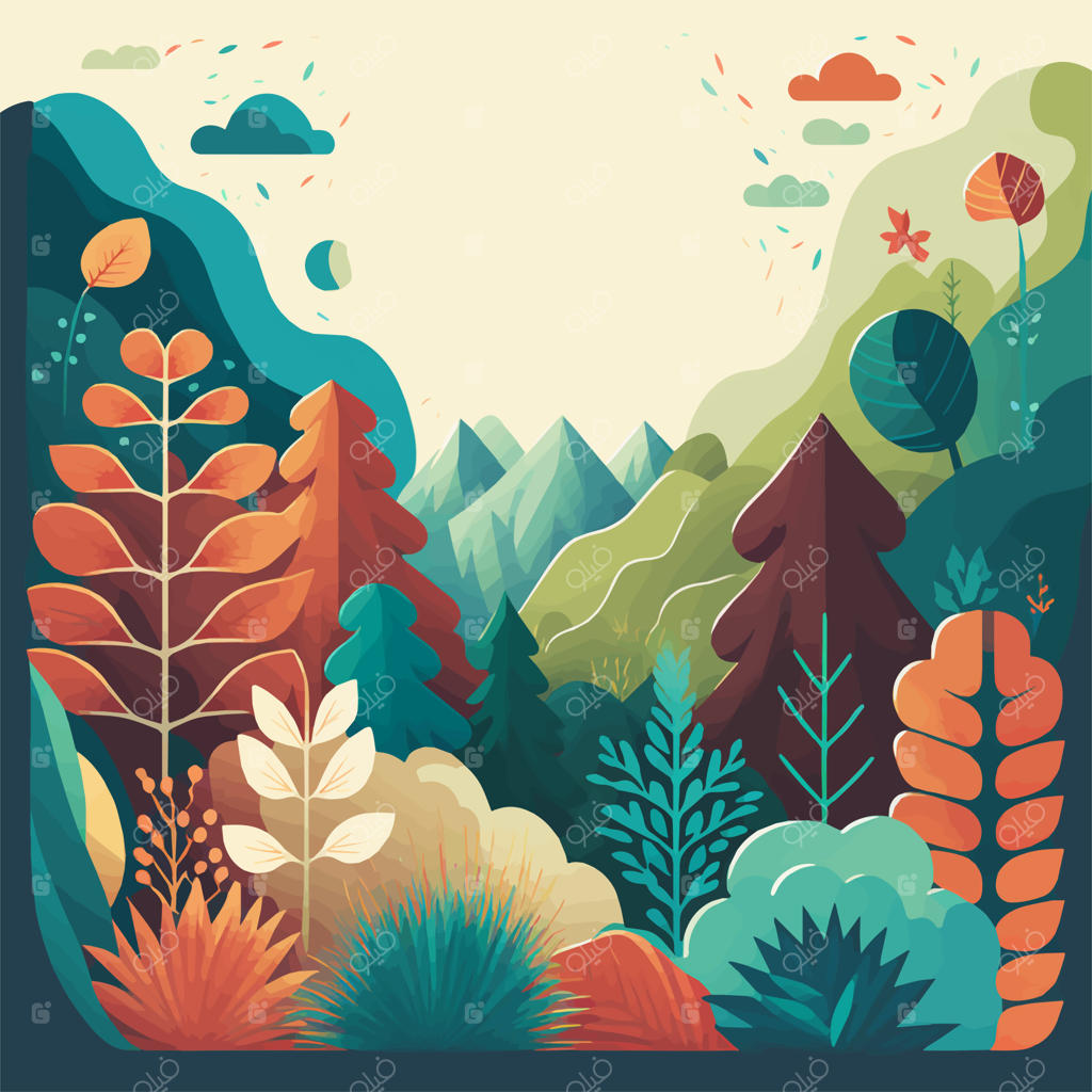 پس‌زمینه‌ی طبیعت کوهستان و جنگل به صورت وکتور و رنگ تخت