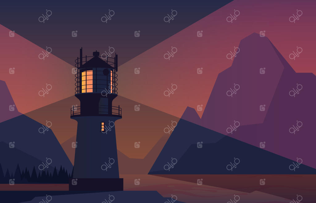 منظره شبانه فانوس دریایی و اقیانوس با صخره‌ها در اطراف آب و درخشش فانوس، نمادی برای ناوبری آسان در دریا – پس‌زمینه‌ای زنده و جذاب وکتور