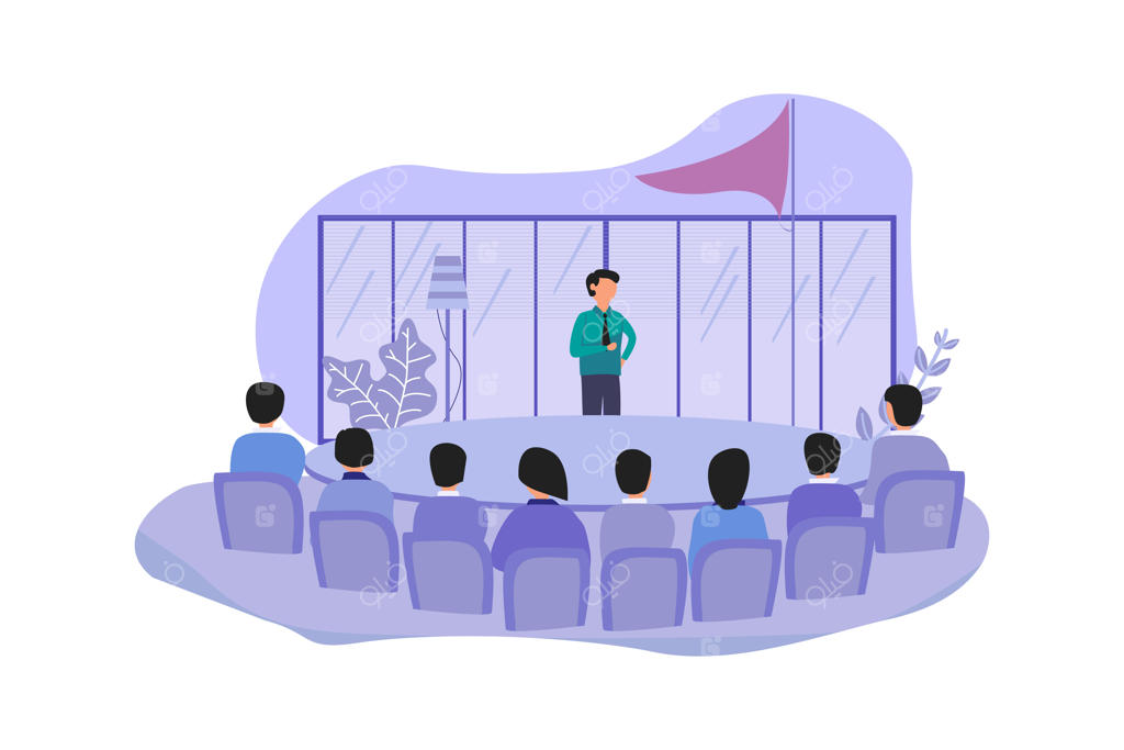 مردی کت‌وشلوارپوش روی صحنه ایستاده و مرد کت‌وشلوارپوش دیگری در مقابل صحنه‌ای با پرچم قرمز قرار دارد.