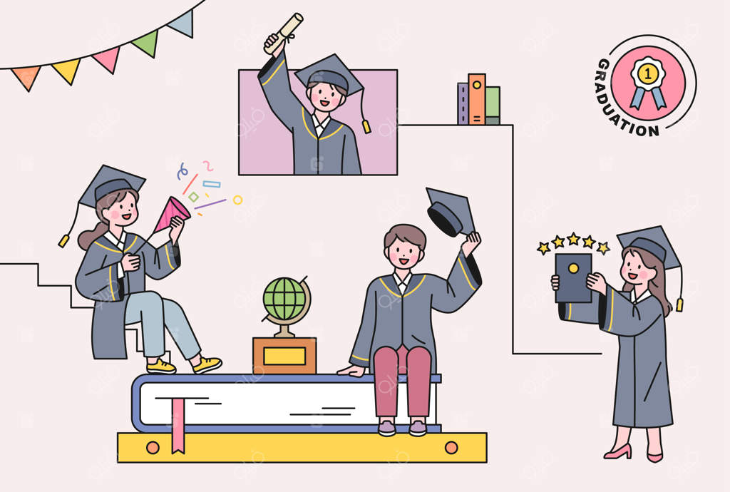 افراد با لباس فارغ‌التحصیلی روی کتاب‌های بزرگ نشسته‌اند یا مدرک در دست دارند و جشن می‌گیرند