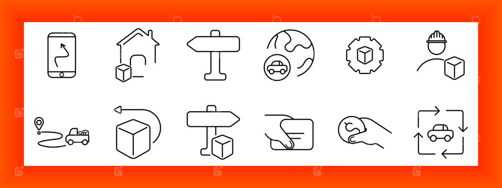 آیکون‌های تحویل و مسیریابی: نقشه گوشی هوشمند، خانه، علامت جاده، کره زمین با ماشین، چرخ‌دنده، کارگر با جعبه، مکان‌یاب، مسیر کامیون، پیکان با جعبه، کارت پرداخت، دست با سکه، چرخش خودرو.