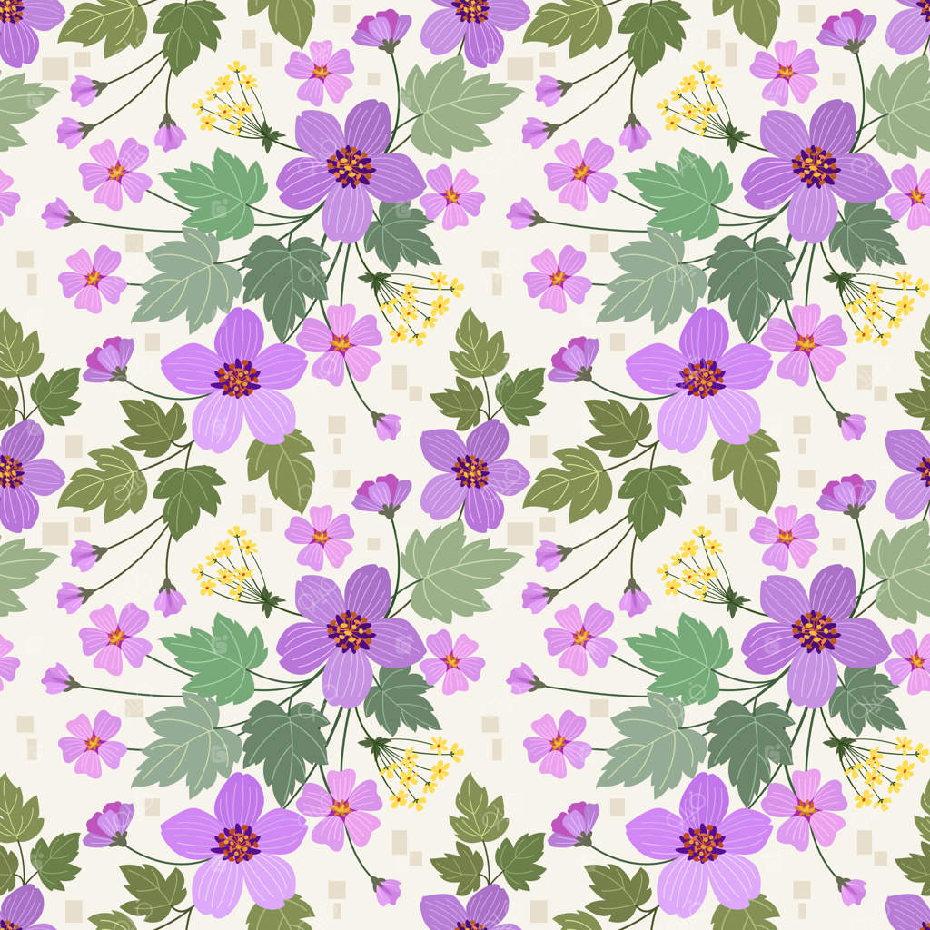 پترن گل‌های بنفش ترسیمی و برگ‌های سبز برای پارچه و کاغذ دیواری