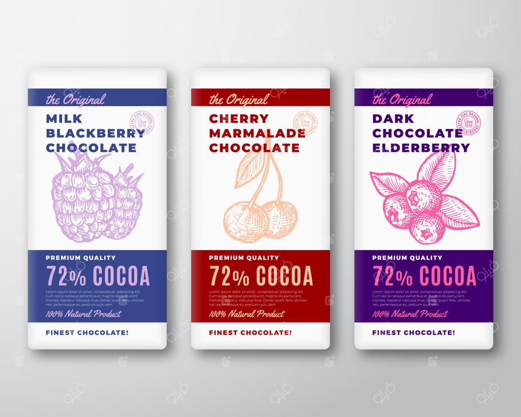مجموعه برچسب‌های بسته‌بندی انتزاعی شکلات‌های ممتاز.