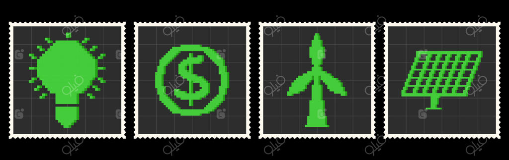 مجموعه‌ای از تمبرهای پستی سازگار با محیط زیست با توبین سبز، پنل خورشیدی، لامپ و سکه. عناصر هنر پیکسلی زیست‌محیطی. مجموعه ESG