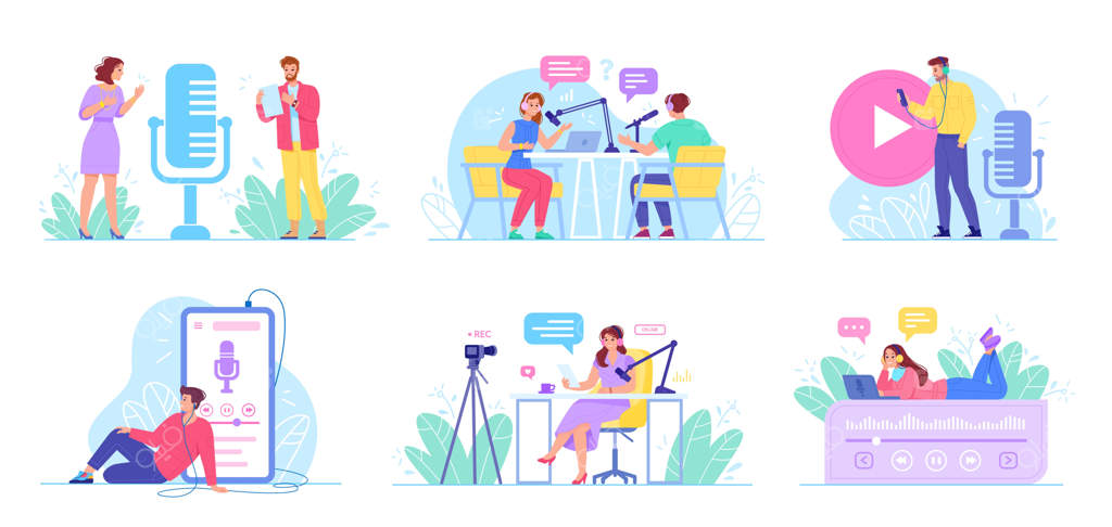 گوش دادن به پادکست: زنان و مردان در حال استراحت با هدفون و شنیدن صدای وبینار، رادیو و سبک زندگی - آموزش تجارت و ضبط صدا (تصویر برداری شیک)