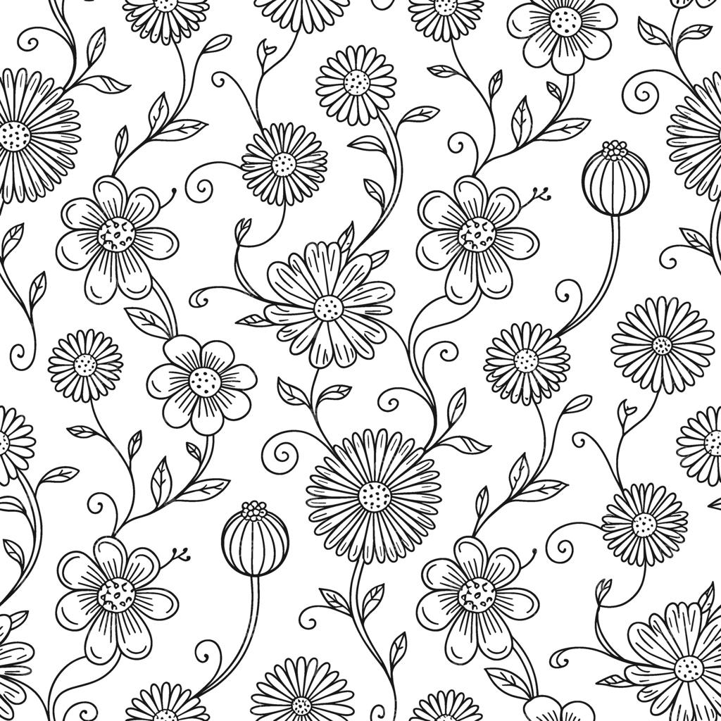 الگوی گل با جزئیات دقیق، تصویرسازی سیاه و سفید گل، طرح هنری گل‌دار بدون درز، طراحی ظریف و پیچیده با الهام از طبیعت، نقشمایه‌های گل، چاپ تزیینی طرح گل، اشکال ظریف گل، شیک و زیبا