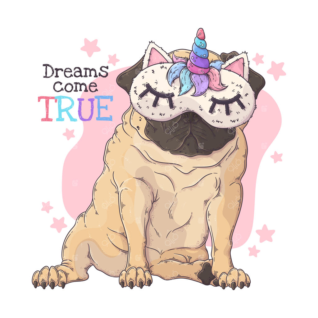 پُرتره دستی از سگ پاگ بامزه با ماسک شبانه.