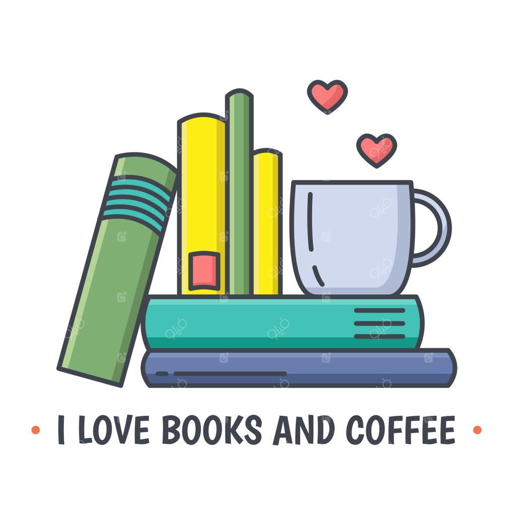 آیکون خطی رنگی نشان‌دهنده انباشته‌ای از کتاب‌ها و ماگ سرامیکی. مفهوم عشق به مطالعه با نمادهای قلب.