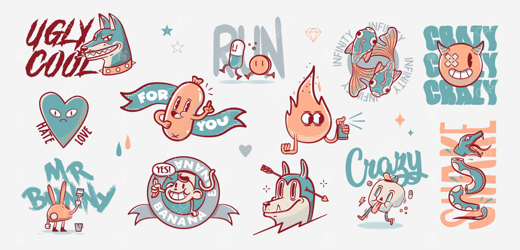 عناصر سبک قدیمی خالکوبی: تتوهای کارتونی با استایل طنز. تصویرسازی وکتور.