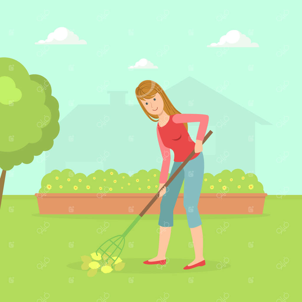 زنی در حال کار در باغ با چنگک، کدبانویی که حیاط پشتی را با ابزار باغبانی تمیز می‌کند (تصویرسازی)