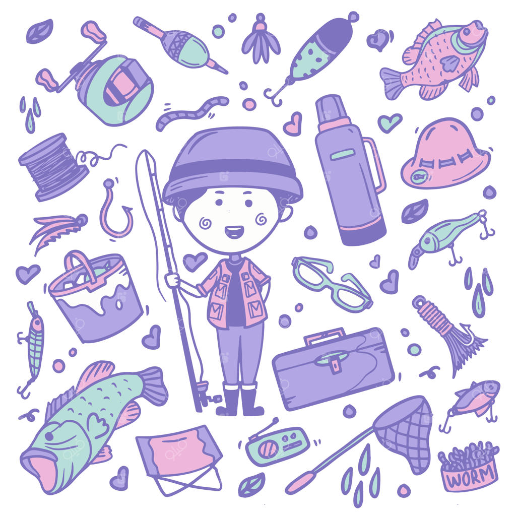 عناصر ماهیگیری - نقاشی دستی و رنگ‌آمیزی دودل‌ها