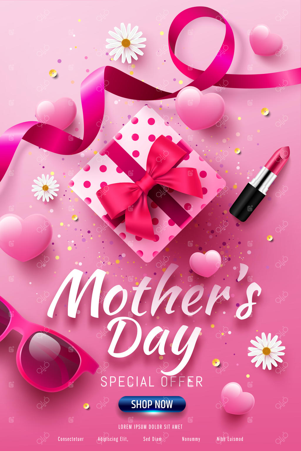 بنر تخفیف روز مادر با جعبه هدیه، قلب عاشقانه، عینک آفتابی، گل‌ها و رژ لب روی پس‌زمینه صورتی