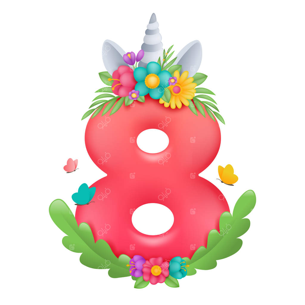 ۸ مارس. روز جهانی زن مبارک. قدرت دختران. طرح کارت تبریک با شاخ تک‌شاخ در حلقه گل.