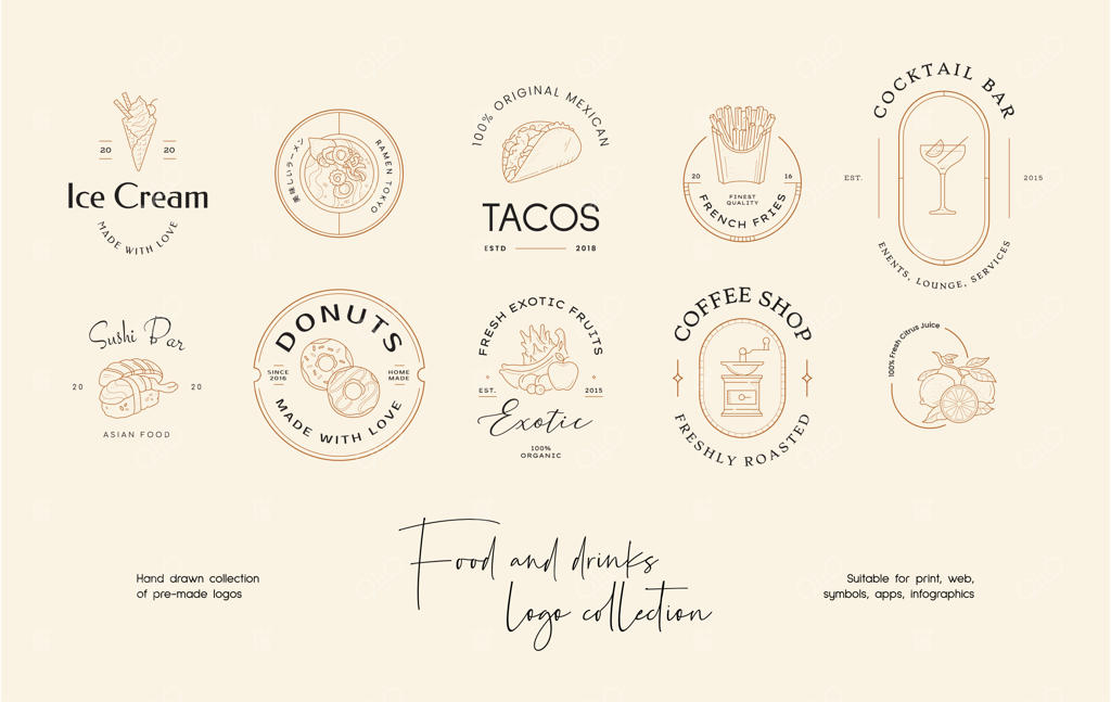 طراحی قالب لوگو وکتور از پیش ساخته شده سوشی دست‌کشیده برای رستوران و کافه