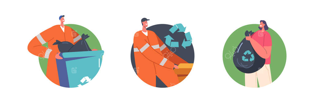 زُباله‌جمع‌کن‌ها در یونیفورم: آیکون‌ها یا آواتارهای دور بر روی پس‌زمینه سفید، تصویرسازی کارگران خدمات شهری