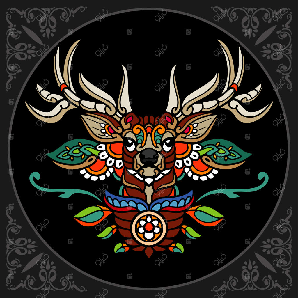 هنر زنتنگل گوزن رنگارنگ بر روی پس‌زمینه سیاه