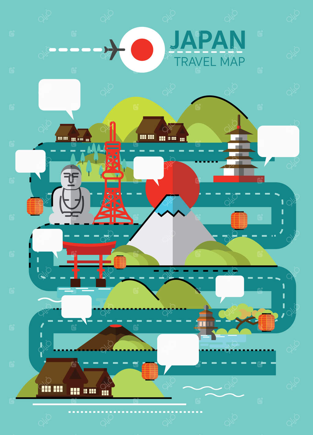 نقشه گردشگری و نمادهای دیدنی ژاپن - طراحی مسطح وکتور