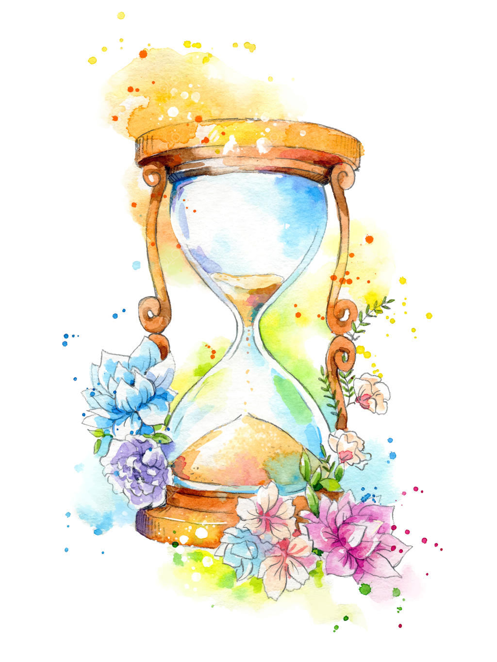 نقاشی آبرنگی از ساعت شنی تزئین‌شده با گل‌ها