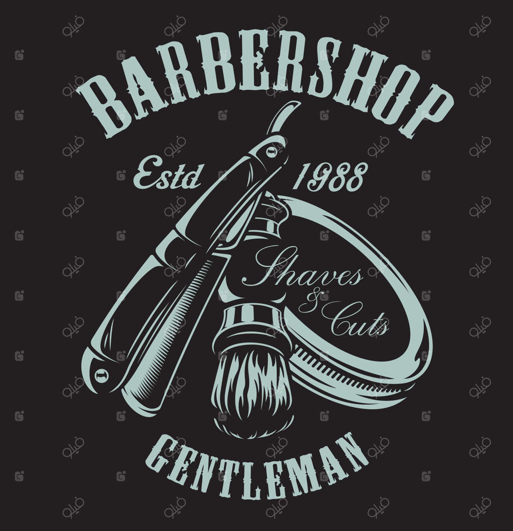 تصویری با موضوع آرایشگاه، همراه با تیغ و برس اصلاح بر روی زمینه‌ای تیره.