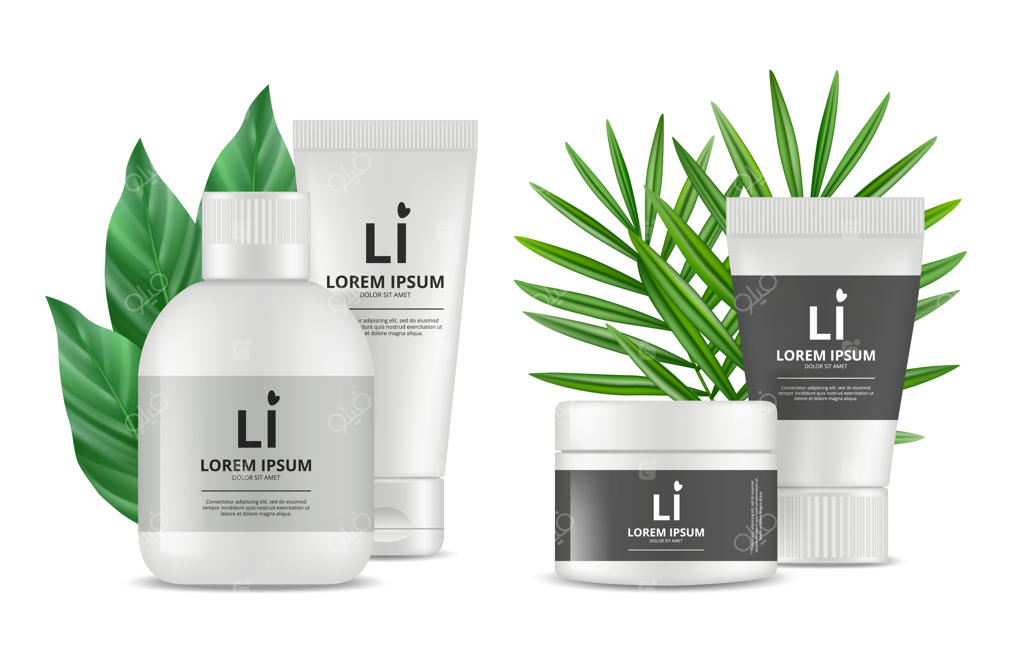 ست بطری‌ها و تیوپ‌های لوازم آرایشی ارگانیک با برگ‌های سبز