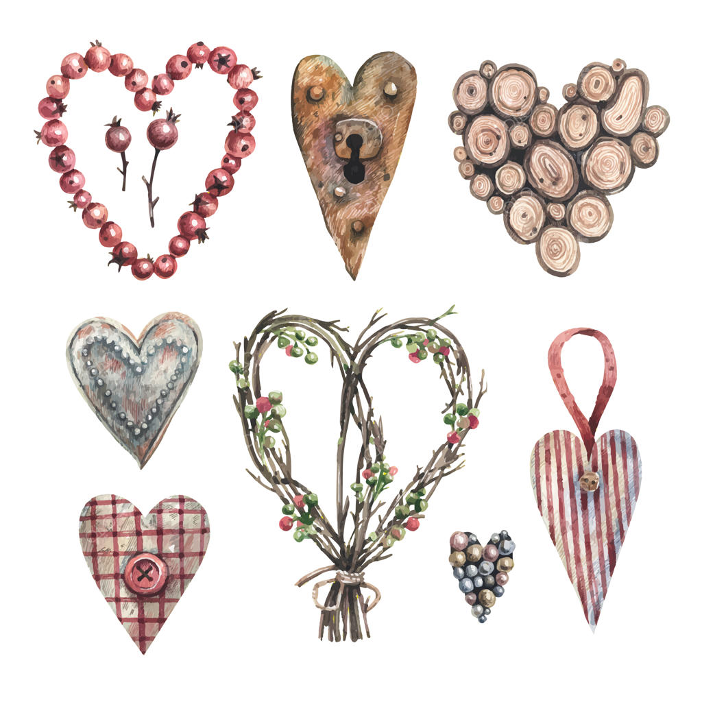 مجموعه‌ای از قلب‌های آبرنگی دست‌ساز با سبک کلاسیک.