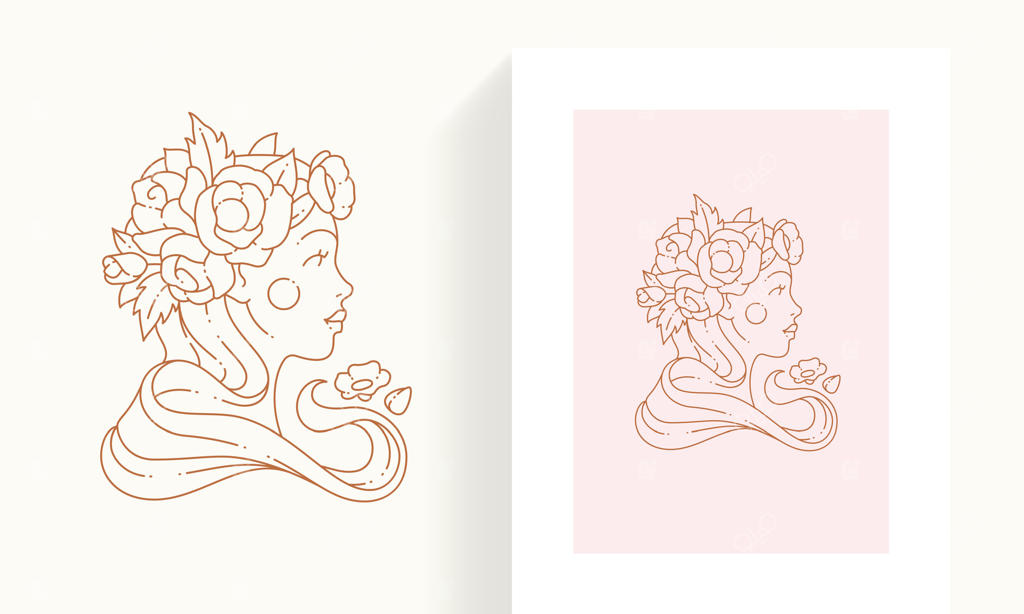 تصویر مینیمالیستی سر یک بانوی جوان شیک با گل‌های شکوفه در موها، قاب کارت ایکون اختصاصی