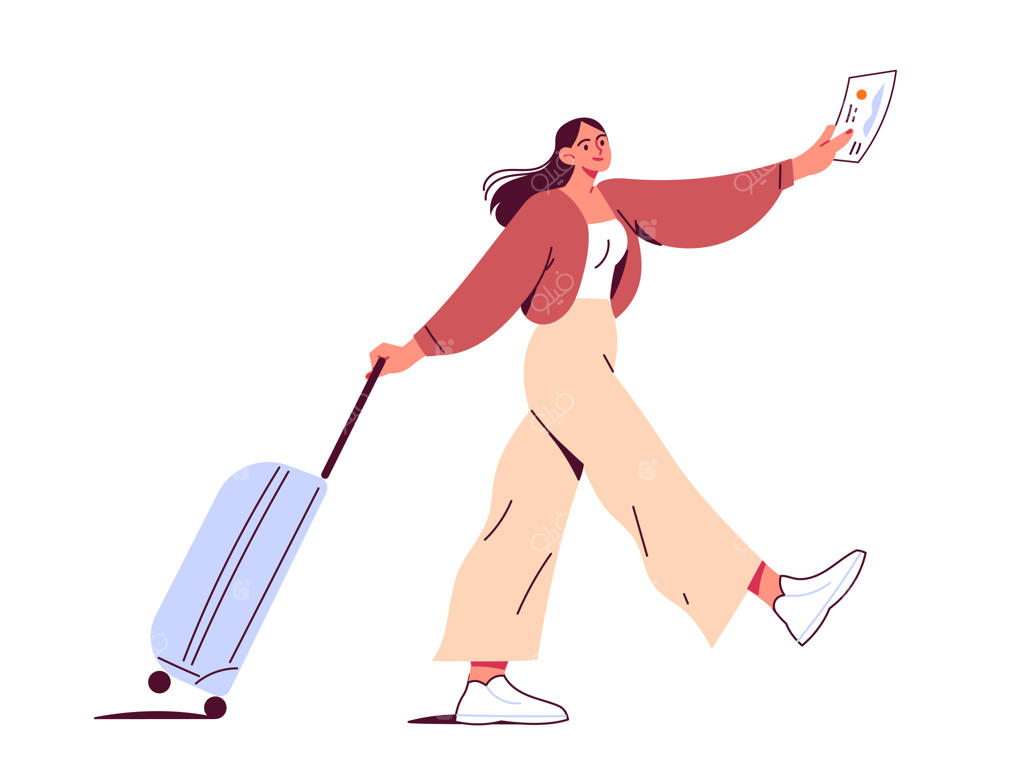 زنی با بلیط در دست روی پله‌های عریض قدم می‌زند