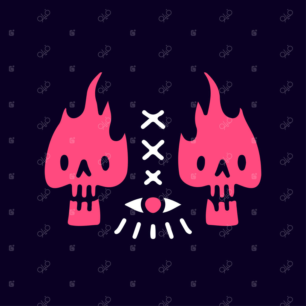 تصویر جمجمه آتشین و نماد تک‌چشم. هنر برای لباس‌های خیابانی.