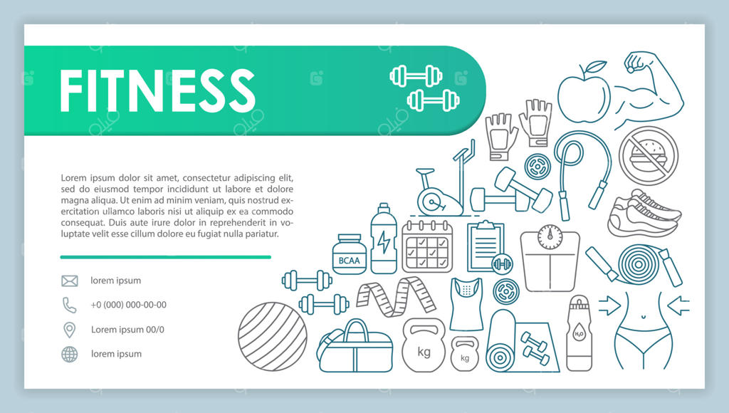 بنر وبسایت تناسب اندام، قالب کارت ویزیت. صفحه تماس باشگاه با آیکون‌های تلفن و ایمیل. ارائه سبک زندگی سالم، ایده صفحه وب. طرح چاپی مرکز بدنسازی برای شرکت‌ها