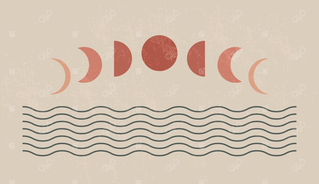 چاپ هنری مینیمال و مدرن اواسط قرن با فرم‌های طبیعی و ارگانیک؛ پس‌زمینه انتزاعی و معاصر با طرح هندسی فازهای ماه و دریا، مناسب دکور دیواری بوهو