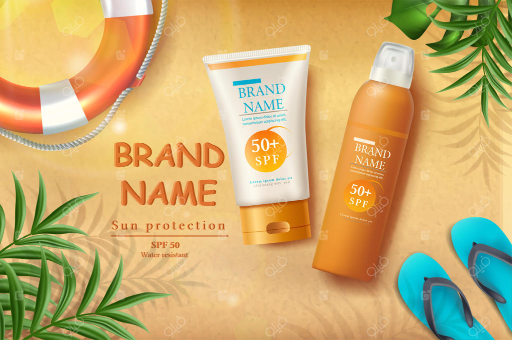 بنر محافظت از پوست در تابستان با کرم‌های ضدآفتاب روی شن و ماسه در کنار پرتوهای خورشید و برگ‌های گرمسیری و دمپایی‌های رنگی و حلقه بادی