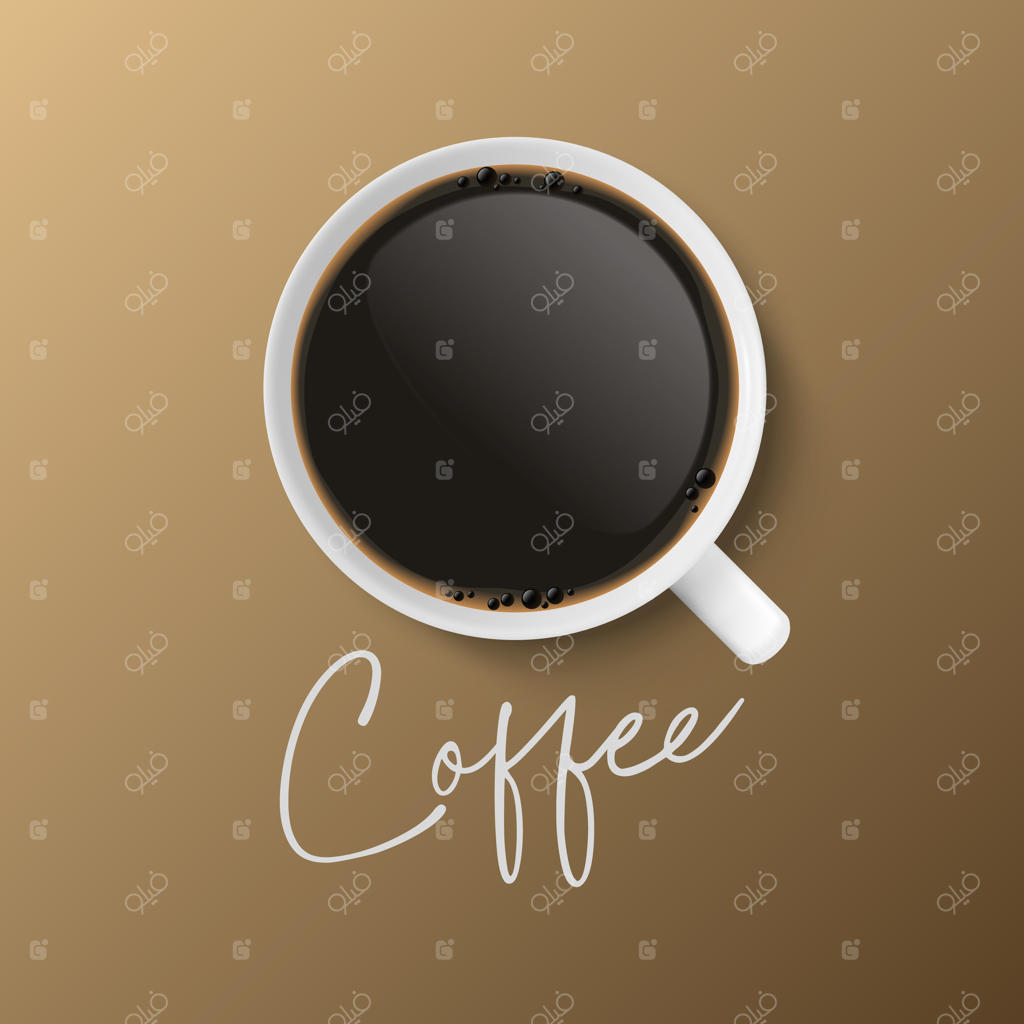 ماگ سرامیکی سفید سه‌بعدی واقع‌گرایانه: طرح‌های قهوه، قهوه‌اسپرسو، موکا و آمریکانو از نمای بالا، جلوه‌ی زیبا روی زمینه‌ی قهوه‌ای