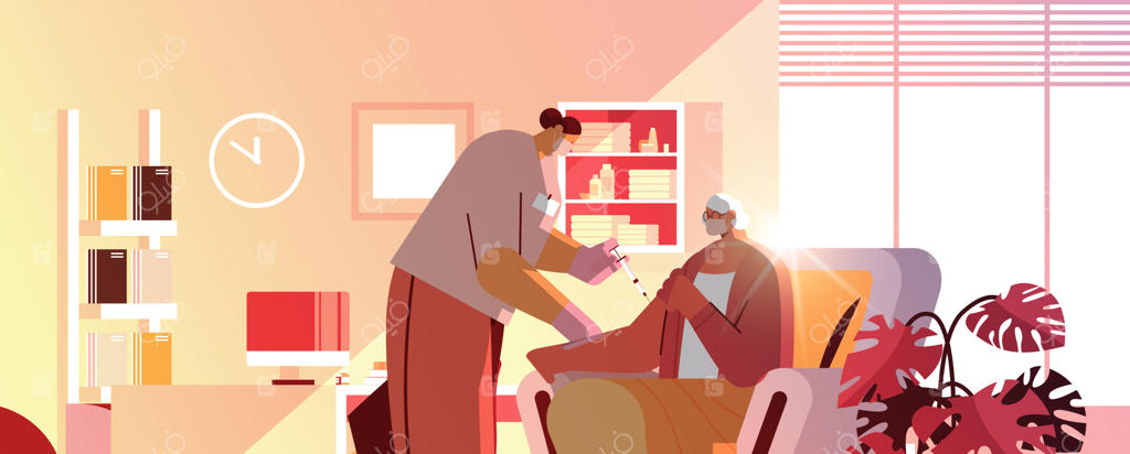 پزشک ماسک‌زده در حال واکسیناسیون سالمند علیه کروناویروس، تزریق واکسن به زن سالخورده