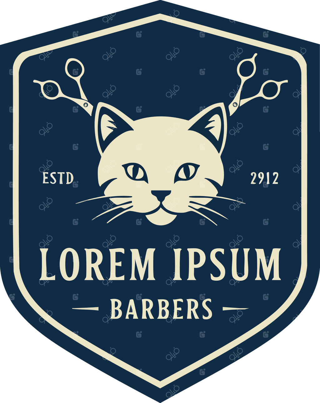 نشان آرایشگاه گربه با قیچی در طراحی سپر آبی تیره و بژ