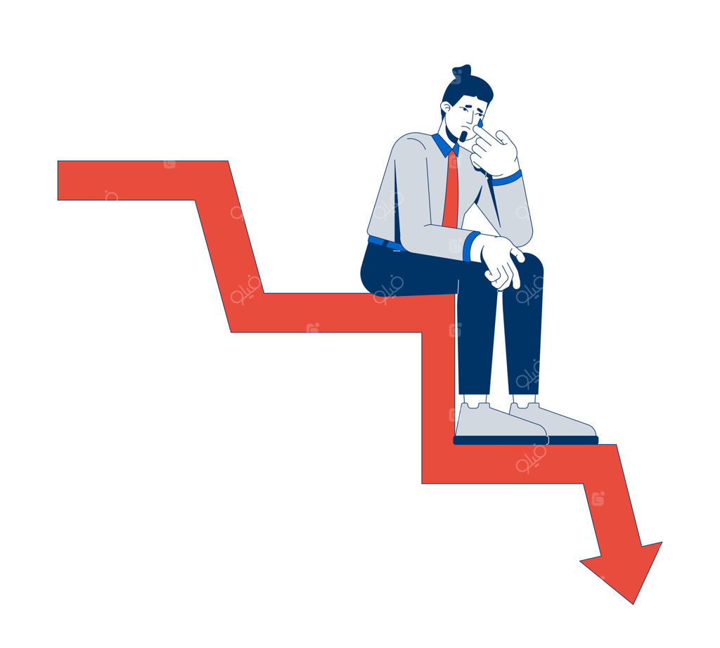 مرد تاجر نگران نشسته بر روی نمودار نزولی - مفهوم تصویر دوبعدی. افت مالی و رکود اقتصادی. مردی که اشک‌هایش را پاک می‌کند - شخصیت کارتونی در زمینه سفید. گرافیک تخت و انتزاعی.