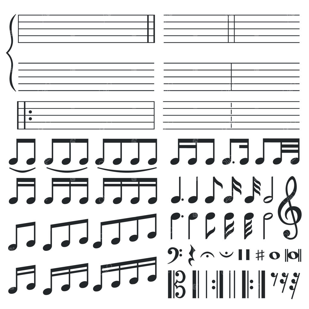 علائم موسیقی: نت‌نویسی آهنگ، نت‌های صوتی و شکل کلید سل. مجموعه‌ای از آیکون‌های نوت‌ها