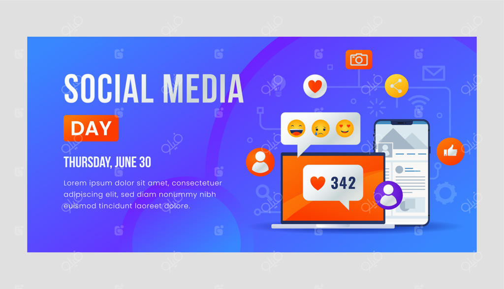 قالب بنر افقی روز رسانه‌های اجتماعی با گرادیان رنگی