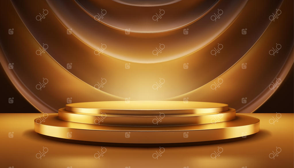 پایه لوکس طلایی سه‌بعدی با پرده‌های منحنی و پس‌زمینه دیواری موج‌های انتزاعی - تصویر واقعی وکتور