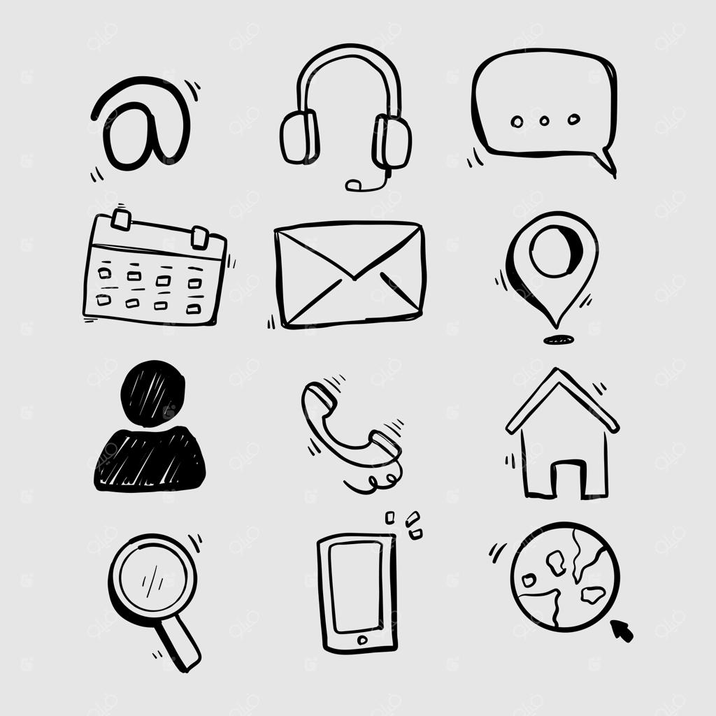 آیکون‌های طرح دستی تماس با ما شامل ایمیل، تلفن، آدرس و موارد دیگر